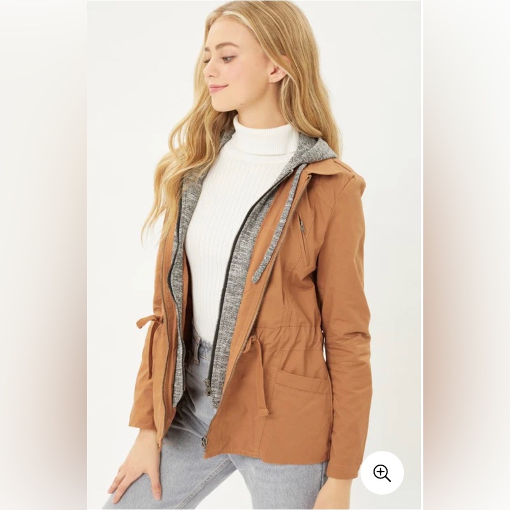 CAMEL colored LOVE TREE brand Fleece Layered Anorak Utility Jacket With Hoodie.